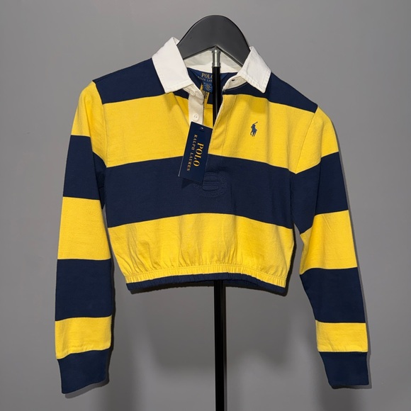 Polo Ralph Lauren Girls Cropped Rugby Shirt Yellow Navy Stripe Size M (8–10) NWT - Picture 2 of 9
